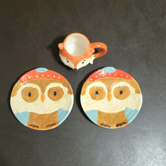 Earthenware owl plates with a ceramic fox mug - Picture 1 of 1